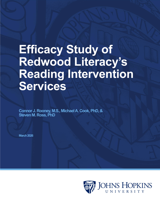 Cover of the Johns Hopkins University efficacy study of Redwood Literacy's reading intervention services, 2024–25